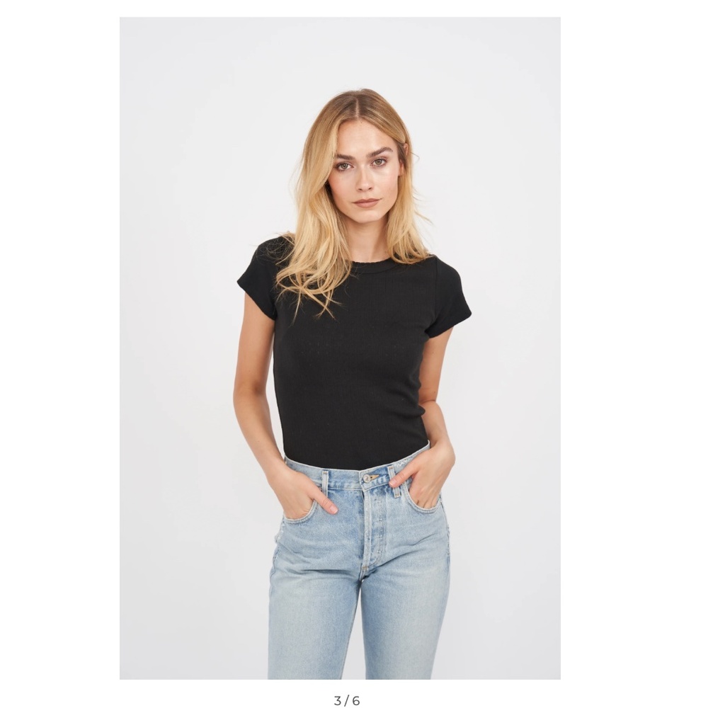 MAREA by Liz Joy Black Pointelle Short Sleeve Crewneck Size Small